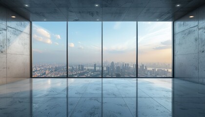 Modern empty office with panoramic city view - Spacious and modern empty office interior featuring a panoramic view of the urban cityscape outside