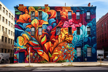 Indulge your senses in the vibrant tapestry of a city street art mural alive with energy. - obrazy, fototapety, plakaty