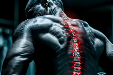 Sportsman Spine Glow Like On X-Ray, Back Ache Problems Of Athlete, Back Injury, Bone Problem Pain Syndrome, Muscle Pain, Man After Sport Or Gym - obrazy, fototapety, plakaty