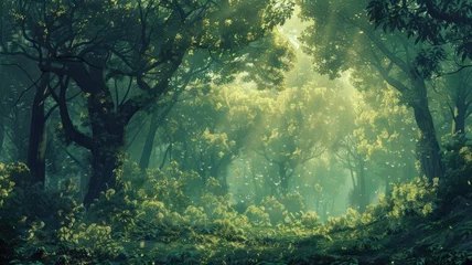 Deurstickers Mystical forest scene with ethereal light rays - An enchanting forest with glowing light streaming through dense foliage, creating a surreal and peaceful atmosphere © Mickey