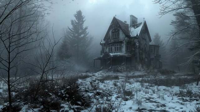 Mystery house in a snowy forest at dusk - A haunting image of an eerie old house surrounded by fog and snow in a dense forest setting at twilight