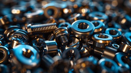 High detail close-up of shiny metal fasteners piled together with a neutral background