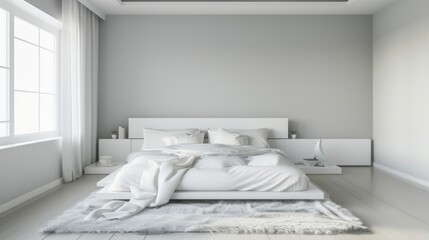 Chic Modern Bedroom with White Platform Bed and Soft Gray Walls
