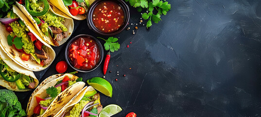Mexican cuisine, variety of delicious tacos, guacamole and salsa