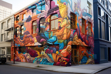 Naklejka premium Indulge your senses in the vibrant tapestry of a city street art mural alive with energy.