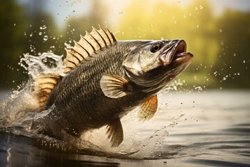 Swift Small bass taking off river. Nature fish animal catch closeup. Generate Ai - obrazy, fototapety, plakaty