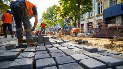 Workers laying paving slabs on a prepared surface in a pedestrian area of the city - obrazy, fototapety, plakaty