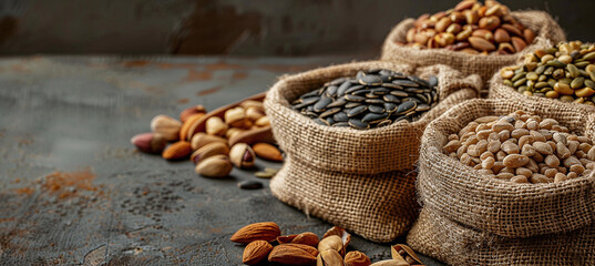 Healthy seeds and nuts displayed in sacks