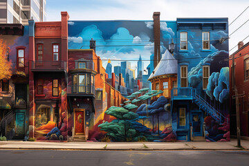 Indulge your senses in the vibrant tapestry of a city street art mural alive with energy. - obrazy, fototapety, plakaty