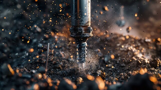 Close-up shot of the drilling rig's drill bit penetrating the ground, creating a hole for a bored pile