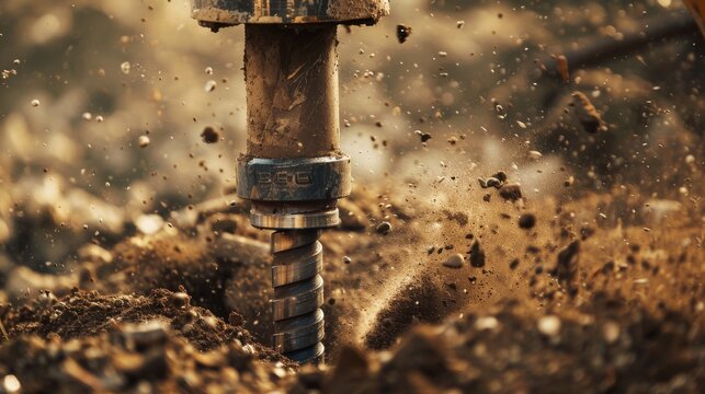 Close-up shot of the drilling rig's drill bit penetrating the ground, creating a hole for a bored pile
