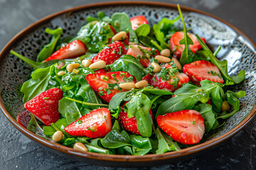 Salad of green asparagus, rocket, strawberries and pine nuts