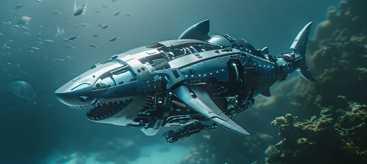 Obraz premium futuristic robot shark under the water