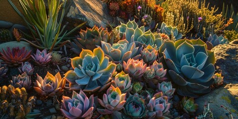 Naklejka na ściany i meble Enchanting succulent garden illuminated by the warm glow of a setting sun - Diverse array of succulents from rosette forming echeverias to towering aloes created with Generative AI Technology
