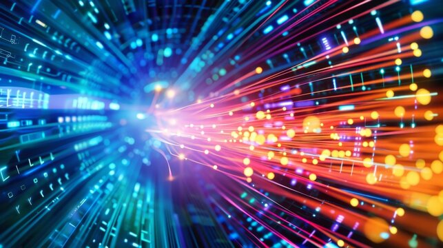Close-up of a bundle of optical fibers on a futuristic, technological background