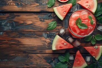 Glass with natural watermelon drink with ice on a wooden table with fruit around. Top view....