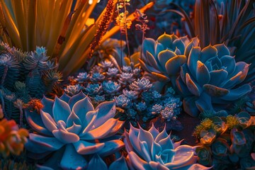 Fototapeta na wymiar Enchanting succulent garden illuminated by the warm glow of a setting sun - Diverse array of succulents from rosette forming echeverias to towering aloes created with Generative AI Technology