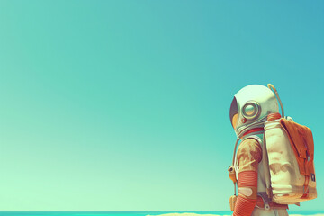 Astronaut standing on a beach looking at the sea.