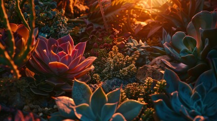 Enchanting succulent garden illuminated by the warm glow of a setting sun - Diverse array of succulents from rosette forming echeverias to towering aloes created with Generative AI Technology