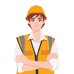 Female Engineer in white Hard hat folded arms. Flat Vector Illustration Isolated on White Background