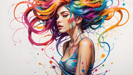 Modern art of a beautiful woman in colorful. Beautiful woman graffiti on the wall. Colorful mural....