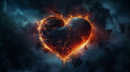 Photorealistic broken heart shaped outline, sideview, inside the heart a realistic fire burning