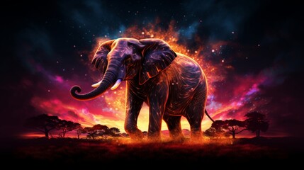 An elephant illuminated by cosmic light stands majestically against a star-filled night sky, with radiant colors sweeping through the savannah.