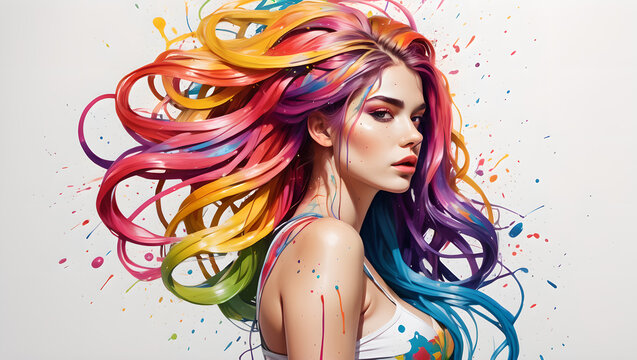 Illustration of a woman with spray paint and colorful hair.