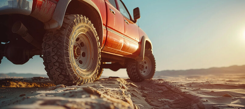 Extreme pickup truck standing on the road in the desert