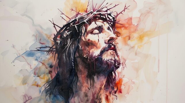 Jesus wearing a crown of thorns in watercolor