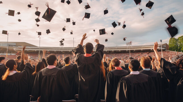 A group of university students in black coats throw their hats in the air and celebrate their graduation ceremony at the stadium.