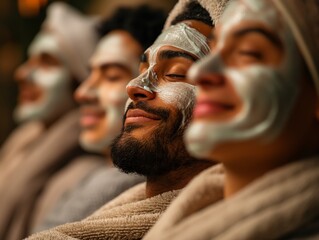 A group of men enjoying a relaxing spa day together, applying face masks
