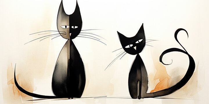 Two black cats are sitting on a beige background. Illustration in watercolor style.