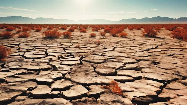 Arid terrain, parched with drought, lifeless orange flora, sunlight, adverse weather conditions