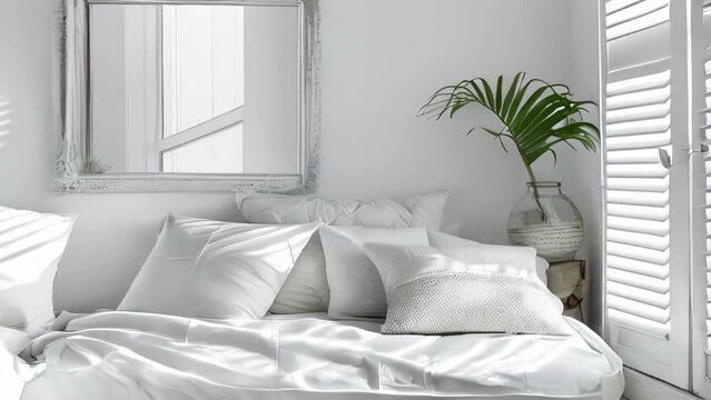 White bedroom interior with bed, mock up poster