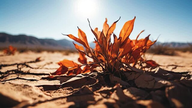 Dry ground, cracked by drought, orange plants, scorching sun, adverse weather conditions.