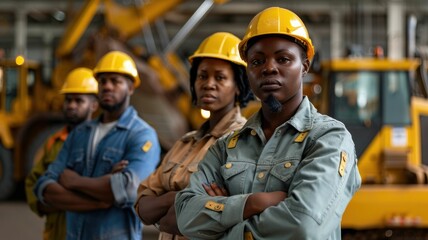 group portrait of construction workers with background of excavation machinery aigx04