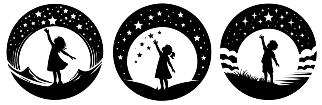children reaching for the stars dreamy night scene black vector