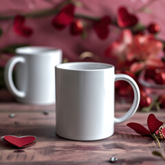 Mockup of a white mug of coffee or tea with Valentine's day background, Generative AI