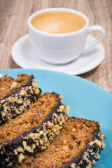 Fresh baked pastry made of zucchini and cup of white coffee. Delicious dessert