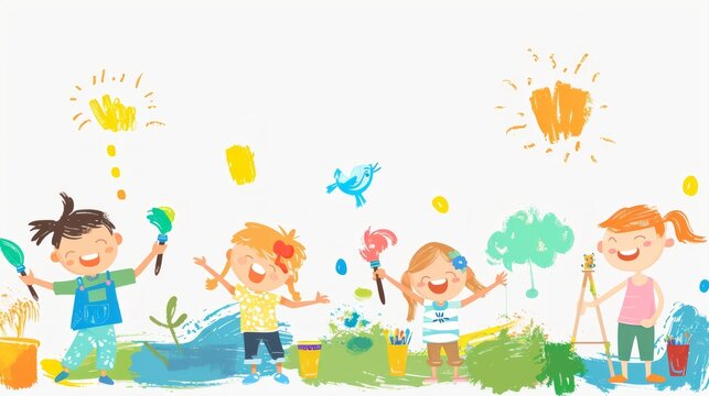 Cute kids paint drawings on the wall. Seamless children's panorama for your design. Template for advertising brochure. Funny cartoon character. Vector illustration. Isolated on white background