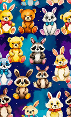 Fototapeta premium Watercolor illustration, seamless children's pattern with plush toys, template for print on fabric, paper, wrapper,