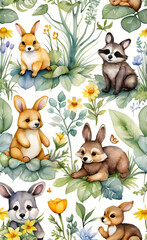 Obraz premium Watercolor illustration, seamless children's pattern with plush toys, template for print on fabric, paper, wrapper,