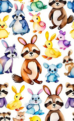 Watercolor illustration, seamless children's pattern with plush toys, template for print on fabric, paper, wrapper,