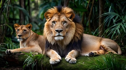 lion and lioness in green  jungle. Ai ganerated image