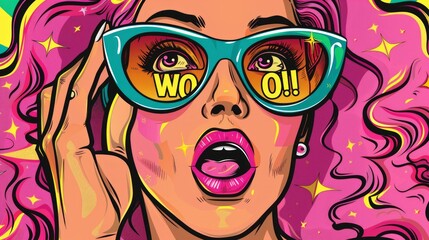 Wow pop art face. Sexy surprised woman with pink curly hair and open mouth holding sunglasses in her hand with inscription wow in reflection. Vector colorful background in pop art retro comic style. 