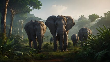 Manny elephants in the jungle. Ai ganerated image - obrazy, fototapety, plakaty