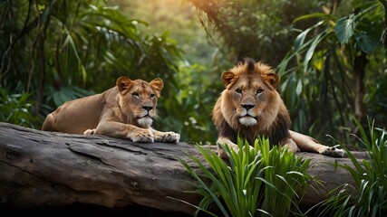 lion and lioness in green jungle. Ai ganerated image