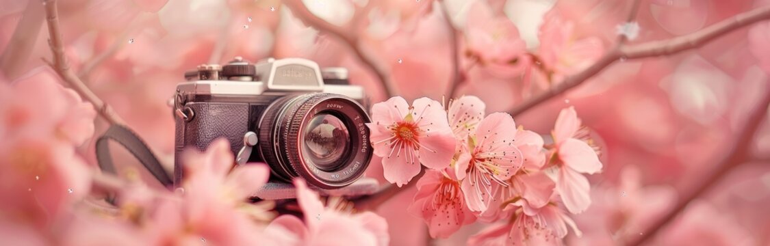 Photo camera surrounded by blooming pink flowers, banner for designs related to photography