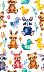 Watercolor illustration, seamless children's pattern with plush toys, template for print on fabric, paper, wrapper,